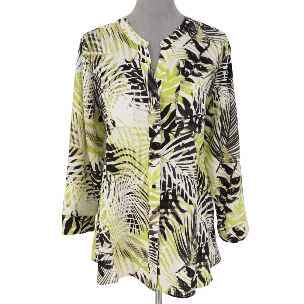 Coral Bay Woman Top Plus Size 1X White Black Green Floral Linen Blend Blouse